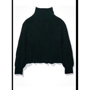American Eagle Mock Neck Cropped Knit Sweater Green Emerald XS Women Cozy Casual